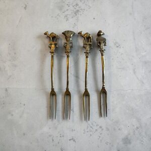 Vintage Egyptian Brass Cocktail Forks Spoons Camel Sphinx Lotus Appetizer Picks